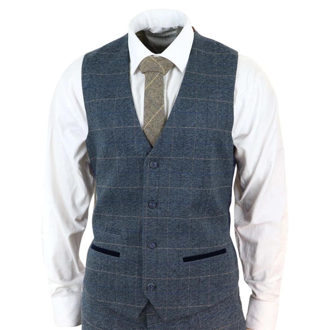 Mens Slim Fit Check Blue Scott Wistcoat Smart Casual Tweed Tan Check Navy