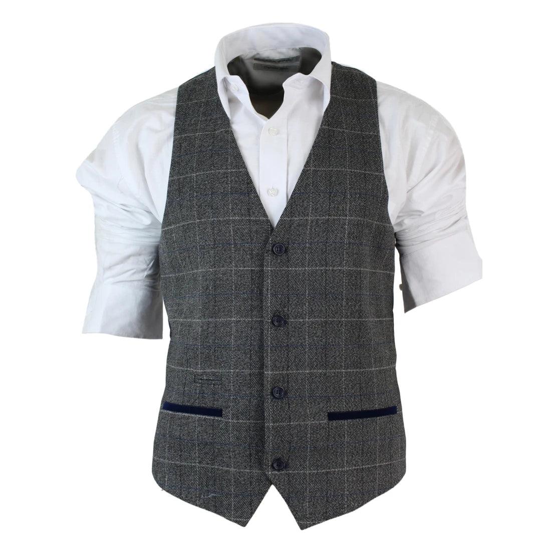 Mens Slim Fit Check Grey Tan Brown Waistcoat Smart Casual Tweed Check Navy