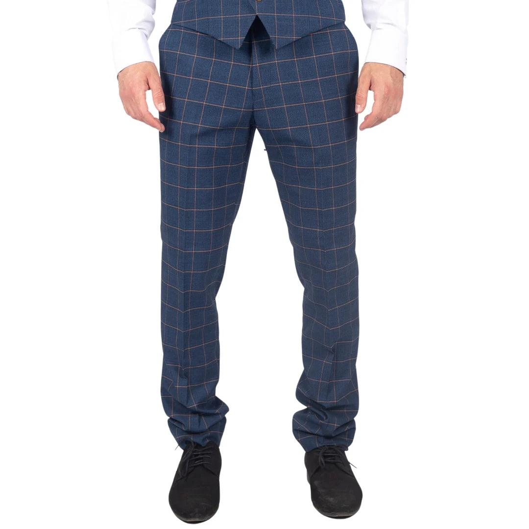 Mens Trousers Blue Orange Check Suit Retro Smart Tailored Fit Vintage