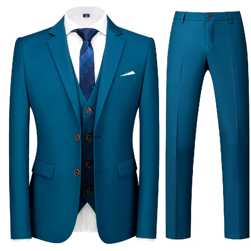 Men's Two-Button Back Slit Lapel Collar 3-Piece Suit Lake Blue