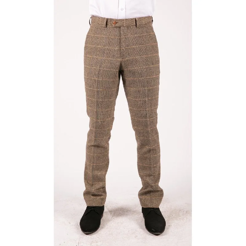 Mens Vintage Tweed Check Trouser Herringbone Tan Brown Slim Fit Regular