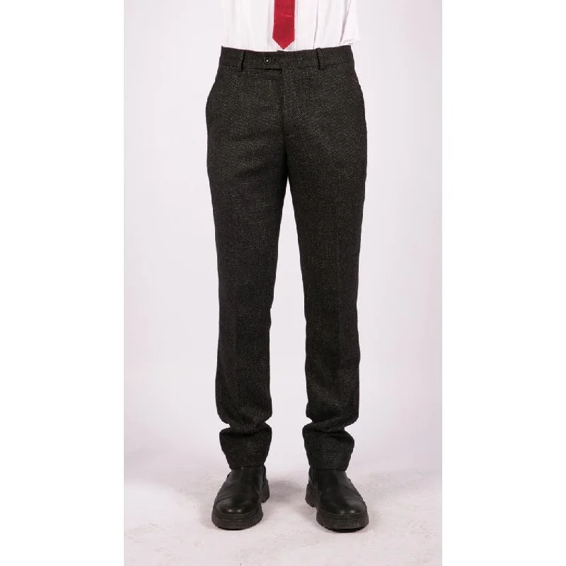 Mens Wool Trousers Tweed Charcoal Black Tailored Fit Peaky Blinders Classic