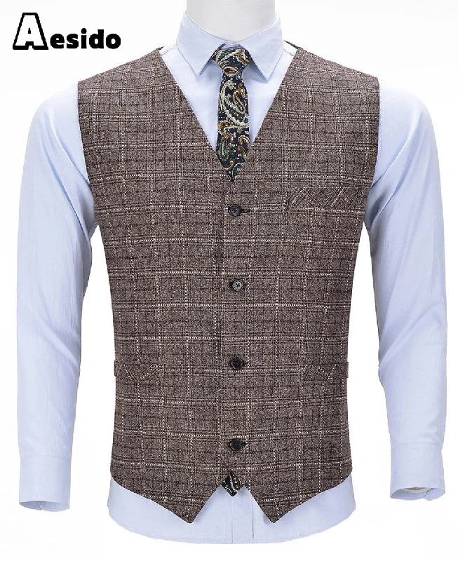 Plaid V Neck Waistcoat Formal Solid Men's Suit Vest