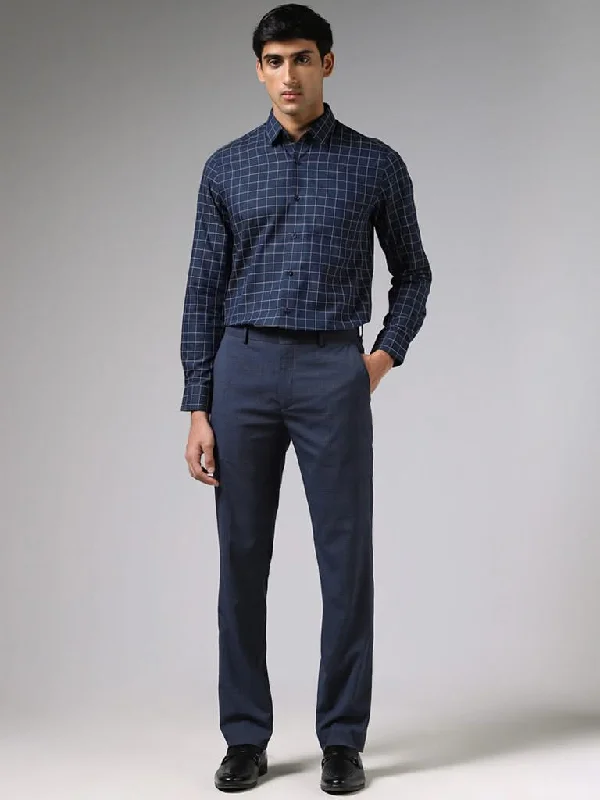 WES Formals Navy Blue Slim-Fit Mid-Rise Trousers