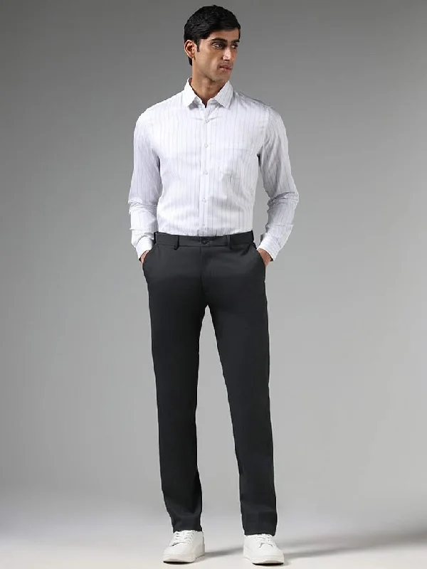 WES Formals Solid Charcoal Slim-Fit Mid-Rise Trousers