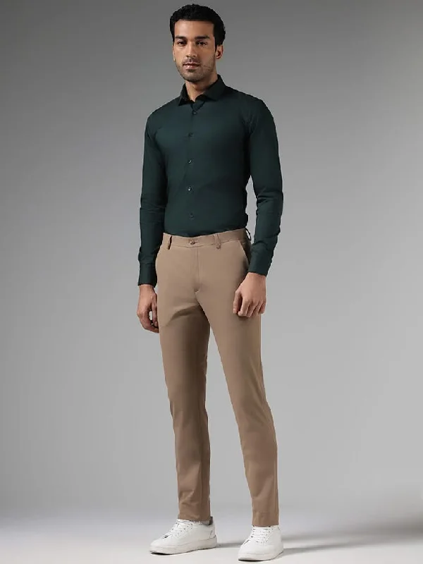 WES Formals Solid Dark Khaki Ultra Slim-Fit Mid-Rise Trousers