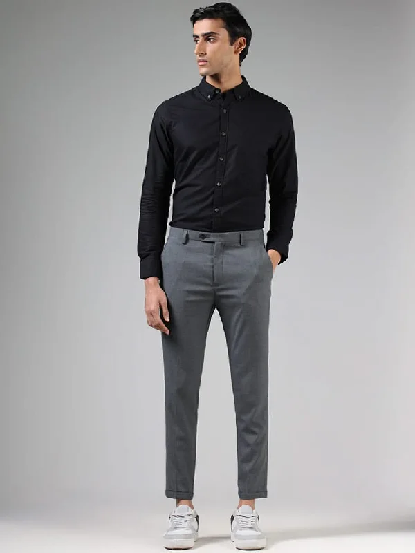 WES Formals Solid Grey Slim-Fit Mid-Rise Trousers