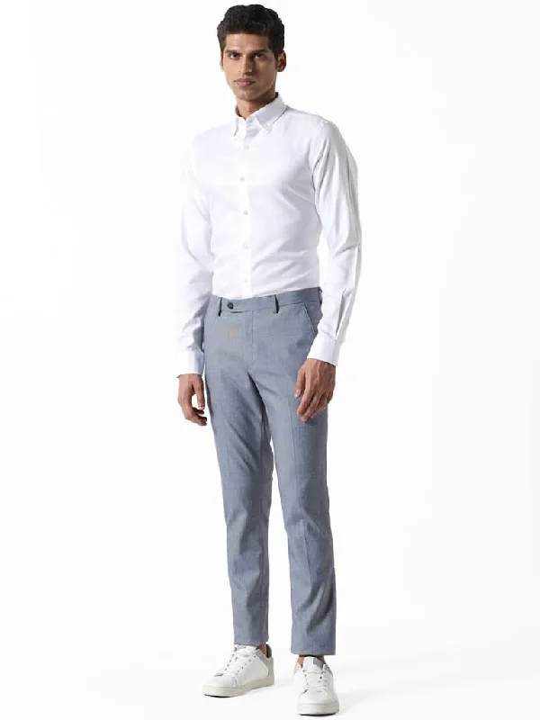 WES Formals Solid Navy Slim-Fit Mid-Rise Trousers