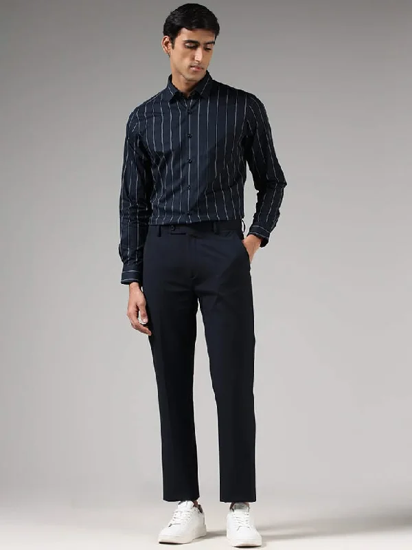 WES Formals Solid Navy Slim-Fit Mid-Rise Trousers